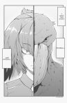  1girl bangs bird commentary creature_and_personification english_commentary english_text eyebrows_visible_through_hair feather_hair greyscale jitome kemono_friends medium_hair monochrome necktie shoebill shoebill_(kemono_friends) solo twitter_username tyrone 