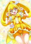  1girl :d bangs bike_shorts blonde_hair cure_peace double_v earrings eyebrows_visible_through_hair floating_hair from_below hair_between_eyes hanzou heart heart_earrings highres jewelry layered_skirt long_hair looking_at_viewer miniskirt open_mouth precure shiny shiny_hair short_shorts short_sleeves shorts shorts_under_skirt skirt smile smile_precure! solo thigh_gap v v_over_eye very_long_hair wrist_cuffs yellow_eyes yellow_neckwear yellow_shorts yellow_skirt 
