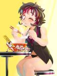  1girl amoretta_(yukiman) bangs black_hair black_panties black_shirt black_vest bowl breasts brown_eyes character_request chinese_spoon chopsticks collared_shirt commentary_request crop_top eating feet_out_of_frame food highres holding holding_chopsticks holding_spoon medium_breasts mole mole_under_eye multicolored_hair noodles one_eye_closed open_mouth original panties ramen red_hair shirt sitting sleeveless sleeveless_shirt spoon stool streaked_hair table two-tone_hair underwear vest yukiman 