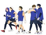  5boys ace_of_diamond backwards_hat baseball_bat baseball_cap black_gloves black_hair blue_eyes blue_shirt brown_eyes brown_hair cross-body_stretch exercise furuya_satoru glasses gloves green_eyes green_hair hat highres holding holding_baseball_bat hood jogging kominato_ryousuke kuramochi_youichi legwear_under_shorts looking_at_another male_focus miyuki_kazuya multiple_boys pink_hair red_footwear sawamura_eijun shirt shoes short_hair shorts simple_background smile sportswear stretch twoframe white_footwear white_gloves 