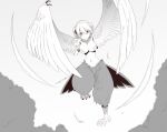  1girl animal_feet bangs bird_legs braid breasts claws commentary_request feathers flying hair_between_eyes hairband harpy large_breasts lee_xianshang long_hair monochrome monster_girl narrow_waist navel original single_braid solo tail tail_feathers talons 
