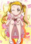  1girl ;) black_neckwear blonde_hair blush brown_eyes choker collarbone dress finger_to_mouth hair_ribbon hand_on_own_knee hanzou high_heels highres index_finger_raised kasugano_urara_(yes!_precure_5) layered_dress long_hair looking_at_viewer one_eye_closed panties pantyshot pink_dress precure pumps red_ribbon ribbon shiny shiny_hair short_dress smile solo sparkle squatting twintails underwear white_footwear white_panties white_wings wings yes!_precure_5 