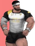  1boy bandages bara beard black_shorts bulge clothes_pull dirty dirty_clothes dirty_face facial_hair hands_on_hips headband highres jang_ju_hyeon large_pectorals looking_to_the_side male_focus mature_male muscular muscular_male mustache original pectorals pulled_by_self rugby_uniform shirt short_hair short_shorts shorts shorts_pull solo sportswear thick_eyebrows thick_thighs thighs white_shirt 