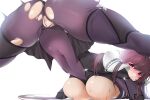  armor ass blush bodysuit breasts damda fate/grand_order fate_(series) long_hair parody purple_hair pussy red_eyes scathach_(fate/grand_order) spread_legs torn_clothes uncensored waifu2x 
