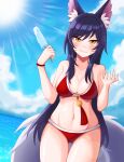  1girl absurdres ahri animal_ears artist_request bell bikini blush breasts cleavage collarbone eyebrows_visible_through_hair facial_mark fox_ears fox_girl fox_tail highres large_breasts league_of_legends long_hair looking_at_viewer midriff multiple_tails navel ocean outdoors red_bikini smile solo sun sunlight swimsuit tail very_long_hair 
