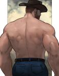  1boy ass back bara beard blue_pants cowboy cowboy_hat denim facial_hair from_behind hat highres jang_ju_hyeon jeans looking_to_the_side male_focus mature_male muscular muscular_male mustache original pants shirtless short_hair solo thick_eyebrows western 