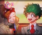  2boys :d bangs black_gloves blue_neckwear boku_no_hero_academia brown_jacket collared_shirt eyemask_u_u eyewear_on_head freckles gloves green_eyes green_hair grey_jacket grey_shirt grin head_rest jacket light looking_at_another male_focus medium_hair messy_hair midoriya_izuku multiple_boys necktie open_mouth pino_(boku_no_hero_academia) red_hair red_neckwear rody_soul school_uniform shirt short_hair short_necktie smile striped striped_neckwear sunglasses teeth twitter_username u.a._school_uniform white_shirt 