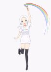  1girl :d absurdres abwan arm_up bangs black_legwear blue_eyes blush breasts clothes_writing commentary_request drawstring forehead grey_background highres holding holding_paintbrush hood hood_down hoodie long_hair looking_at_viewer low_twintails no_shoes open_mouth original paintbrush parted_bangs rainbow_order short_sleeves simple_background small_breasts smile solo thighhighs twintails upper_teeth white_hair white_hoodie 