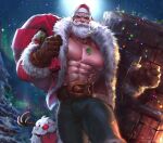  1boy abs alternate_costume arm_hair bara bare_pectorals beard braum_(league_of_legends) brown_gloves bulge carrying_over_shoulder chest_hair creature denim facial_hair full_moon fur-trimmed_jacket fur_trim gift_bag gloves hat highres jacket jang_ju_hyeon jeans jewelry large_pectorals league_of_legends looking_at_viewer male_focus mature_male moon muscular muscular_male mustache necklace nipples old old_man open_clothes open_jacket pants pectorals red_jacket santa_costume santa_hat short_hair snowing solo stomach thick_eyebrows walking wrinkled_skin 