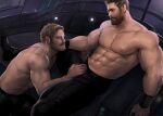  2boys abs bara beard black_pants bulge commentary couple crotch_grab eye_contact facial_hair foot_out_of_frame imminent_fellatio jang_ju_hyeon large_pectorals light_brown_hair looking_at_another male_focus marvel mature_male multiple_boys muscular muscular_male mustache navel nipples pants pectorals peter_quill reward_available shirtless short_hair sideburns spread_legs stomach stubble symbol-only_commentary thick_eyebrows thick_thighs thighs thor_(marvel) tight tight_pants yaoi 