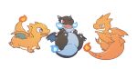  blue_fire charizard chibi claws commentary_request fangs fire flame gen_1_pokemon lying mega_charizard_x mega_charizard_y mega_pokemon meganemido no_humans on_back open_mouth pokemon pokemon_(creature) red_eyes simple_background tongue white_background 
