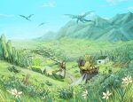  1boy 1girl 90n_pacos annette_(pixiv_fantasia_last_saga) basket bedroll black_hairband blue_sky brown_hair bunny day dragon dress elliot_(pixiv_fantasia_last_saga) field flower green_dress green_headwear hairband hat hat_feather highres horse house insect_wings instrument lute_(instrument) mountain outdoors pixiv_fantasia pixiv_fantasia_last_saga saddle sky standing well white_hair wings 