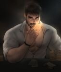  1boy bangs bara beard card chips cigarette facial_hair food glowing highres holding holding_card jang_ju_hyeon large_pectorals looking_at_viewer male_focus mature_male muscular muscular_male mustache original partially_unbuttoned pectoral_cleavage pectorals shirt short_hair solo thick_eyebrows upper_body white_shirt 