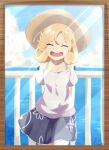  1girl absurdres alternate_costume black_skirt blonde_hair blush closed_eyes collarbone cowboy_shot eyebrows_visible_through_hair hat highres huge_filesize janus_(kancolle) kantai_collection kure_jirou open_mouth picture_frame shirt short_hair short_sleeves skirt smile solo sun_hat white_shirt 