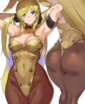  1girl adapted_costume animal_ears armband arms_behind_head arms_up ashiomi_masato ass bangs blonde_hair blue_eyes blush breasts brown_legwear bunny_day buttons cleavage closed_mouth commentary_request detached_collar eyebrows_visible_through_hair fake_animal_ears gloves guilty_gear guilty_gear_strive highleg highleg_leotard highres leotard long_hair medium_breasts millia_rage multiple_views pantyhose rabbit_ears rabbit_tail shiny shiny_clothes shiny_hair simple_background tail white_background 