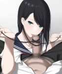  1boy 1girl bangs black_hair blue_eyes blush breasts censored erection fellatio foreskin foreskin_insertion hairjob hetero highres kaminari_doon licking licking_penis long_hair looking_at_viewer male_pubic_hair mosaic_censoring oral original penis phimosis pubic_hair sailor_collar solo_focus swept_bangs 