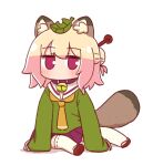  1girl animal_ear_fluff animal_ears bangs bell blush brown_collar brown_footwear collar commentary_request eyebrows_visible_through_hair full_body green_shirt hair_between_eyes hair_bun hair_ornament highres jingle_bell kemomimi-chan_(naga_u) kemonomimi_mode leaf leaf_on_head long_sleeves looking_at_viewer naga_u neck_bell orange_neckwear original pleated_skirt purple_eyes purple_skirt raccoon_ears raccoon_girl raccoon_tail ribbon-trimmed_legwear ribbon_trim sailor_collar shadow shirt sitting skirt sleeves_past_fingers sleeves_past_wrists solo tail white_background white_legwear white_sailor_collar zouri 