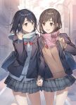  2girls adachi_sakura adachi_to_shimamura bag black_hair blazer blue_cardigan blue_eyes blue_scarf bow brown_eyes brown_hair brown_sweater cardigan hair_ornament hairclip highres holding_hands interlocked_fingers jacket lamppost long_hair looking_at_another multiple_girls pink_scarf plaid plaid_scarf plaid_skirt red_bow scarf school_bag school_uniform shimamura_hougetsu shirt short_hair skirt smile sweater v-neck weee_(raemz) white_shirt yuri 