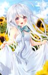  1girl :d ahoge bad_hands blue_bow blue_neckwear blue_sky blush bow breasts cleavage day flower grey_hair happi happi_(michiru_donut) highres japanese_clothes long_hair michiru_donut open_mouth original outdoors pink_eyes skirt_hold sky small_breasts smile solo standing sunflower 