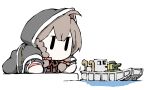  1girl black_capelet black_dress black_footwear boots braid brown_hair capelet chibi dress ground_vehicle hood hood_up hooded_capelet kantai_collection long_hair military military_vehicle motor_vehicle no_mouth ocean pleated_dress shinshuu_maru_(kancolle) ship simple_background solo tank task_(s_task80) twin_braids watching watercraft white_background |_| 