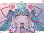  1girl bangs bare_shoulders blue_eyes blue_hair blue_nails blurry blurry_foreground chinese_commentary closed_mouth commentary flower frilled_shirt frills hair_flower hair_ornament hands_on_own_cheeks hands_on_own_face hatsune_miku highres long_hair looking_at_viewer magical_mirai_(vocaloid) petals shirt smile solo twintails vocaloid white_shirt yikuaiguapi46577 