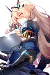  1girl armor bangs blonde_hair blue_eyes blue_shirt blush breastplate breasts fairy_knight_gawain_(fate) fate/grand_order fate_(series) faulds gauntlets hair_between_eyes highres horns large_breasts long_hair long_sleeves looking_down ninoude_(ninoude44) open_mouth pauldrons shirt shoulder_armor solo sword weapon 