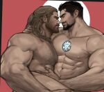  2boys abs arc_reactor arm_hair bara beard carrying_person chest_hair completely_nude couple facial_hair from_side hairy hand_on_another&#039;s_stomach happy_sex highres implied_anal implied_sex jang_ju_hyeon large_pectorals male_focus marvel mature_male medium_hair multiple_boys muscular muscular_male mustache nipples nude out-of-frame_censoring pectoral_docking pectoral_press pectorals short_hair sideburns smile stomach stubble thick_eyebrows thighs thor_(marvel) tony_stark upper_body yaoi 