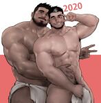  2020 2boys abs arm_hair armpit_hair armpit_peek ass bara bare_pectorals beard behind_another bulge chest_hair covering covering_crotch dark-skinned_male dark_skin facial_hair grey_hair highres imminent_penetration interracial jang_ju_hyeon large_pectorals looking_at_viewer male_focus male_pubic_hair mature_male multicolored_hair multiple_boys muscular muscular_male mustache naked_towel navel navel_hair nipples one_eye_closed original pectorals pubic_hair pubic_hair_peek short_hair sideburns stomach streaked_hair thick_eyebrows thick_thighs thighs towel towel_around_waist v yaoi 