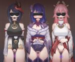  3girls absurdres bangs bare_shoulders black_hair blindfold blush breasts bridal_gauntlets cleavage closed_mouth clothes_lift commentary_request covered_eyes crossed detached_sleeves eyebrows_visible_through_hair facing_viewer female_pubic_hair flower genshin_impact hair_between_eyes hair_ornament highres hyunjjing japanese_clothes kimono kujou_sara large_breasts lifted_by_self long_hair long_sleeves mask mask_on_head miko mitsudomoe_(shape) mole mole_under_eye multiple_girls navel obi obiage obijime pink_hair pubic_hair purple_flower purple_hair pussy raiden_shogun ribbon saliva sash sex_toy shiny shiny_skin short_hair simple_background smile sweat tassel tengu_mask thighhighs tomoe_(symbol) twitching vibrator wide_sleeves yae_(genshin_impact) 