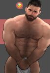  1boy abs arm_hair bara bare_pectorals beard blush chest_hair covering covering_crotch cowboy_shot embarrassed emoji facial_hair from_above highres jang_ju_hyeon large_pectorals looking_away male_focus male_pubic_hair mature_male muscular muscular_male mustache naked_towel navel navel_hair nipples original pectorals penis pubic_hair pubic_hair_peek short_hair solo stomach thick_eyebrows thick_thighs thighs towel 