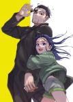 1boy 1girl :d asirpa black_coat black_eyes black_hair blue_eyes blue_hair blurry coat contemporary earrings eyewear_removed facial_hair golden_kamuy green_jacket grey_shorts hair_slicked_back hand_up highres holding_hands hoop_earrings jacket jewelry long_hair looking_at_viewer ogata_hyakunosuke open_mouth sayasaka scar scar_on_cheek scar_on_face shorts simple_background smile stubble sunglasses two-tone_background 