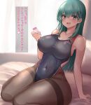  1girl bad_anatomy black_legwear black_swimsuit blush breasts clothes_writing collarbone competition_swimsuit eyebrows_visible_through_hair green_eyes green_hair hair_between_eyes hair_ornament hairclip heart highres holding kantai_collection kihou_no_gotoku_dmc large_breasts long_hair looking_at_viewer one-piece_swimsuit open_mouth pantyhose solo suzuya_(kancolle) swimsuit translation_request 