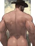  1boy ass back bara beard blue_pants completely_nude cowboy cowboy_hat denim facial_hair from_behind hat highres jang_ju_hyeon jeans looking_to_the_side male_focus mature_male muscular muscular_male mustache nude original pants shiny shiny_skin shirtless short_hair solo thick_eyebrows western 