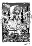  1girl bangs barefoot chinese_commentary commentary dated dress ebisu_eika full_body greyscale heran_hei_mao holding_rock jellyfish long_earlobes long_hair looking_at_viewer monochrome open_mouth outdoors ripples rock short_sleeves smile solo stacking touhou wading water 