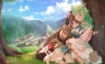  absurdres against_tree blue_hair breasts brown_hair bug butterfly ceres_fauna cloak closed_eyes earrings flower flying friend_(nanashi_mumei) green_hair green_nails hair_flower hair_ornament highres hololive hololive_english hug jewelry large_breasts long_hair mountain nanashi_mumei ouro_kronii purple_(jobseeking) signature single_thighhigh skirt smile thighhighs tree 