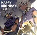  2boys :q armlet bare_shoulders belt black_belt blonde_hair cape card chain dark-skinned_male dark_skin dated earrings eye_focus facial_mark happy_birthday holding holding_card hood hood_down jewelry long_hair looking_at_another male_focus marik_ishtar millennium_rod multiple_boys parted_lips pira_811 pointy_ears purple_cape smile spiked_hair teeth tongue tongue_out upper_body yami_marik yu-gi-oh! yu-gi-oh!_duel_monsters 