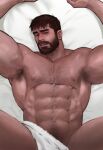  1boy abs arm_hair armpit_hair armpits arms_up bara bare_pectorals beard bed_sheet blush chest_hair convenient_censoring facial_hair feet_out_of_frame from_above highres jang_ju_hyeon large_pectorals lying male_focus male_pubic_hair mature_male muscular muscular_male mustache naked_sheet navel navel_hair nipples on_back on_bed original pectorals presenting presenting_armpit pubic_hair reward_available short_hair solo spread_legs stomach thick_eyebrows thick_thighs thighs 
