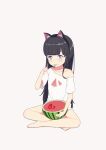  1girl :t absurdres abwan animal_ear_fluff animal_ears bangs barefoot black_hair black_hairband blue_eyes blush cat_ears closed_mouth commentary_request crossed_legs eating eyebrows_visible_through_hair fake_animal_ears food fruit grey_background hairband heart heart-shaped_pupils highres holding holding_food holding_spoon long_hair looking_away off_shoulder original shadow shirt short_sleeves sitting solo spoon symbol-shaped_pupils utensil_in_mouth very_long_hair watermelon white_shirt 