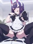  1boy 1girl alternate_costume apron bangs black_dress black_legwear black_neckwear blush bob_cut breasts brooch bulge cum detached_collar dress enmaided eyeliner fate/grand_order fate_(series) girl_on_top headpiece hetero horns jewelry kakure_eria licking_lips looking_at_viewer maid maid_headdress makeup oni oni_horns open_mouth puffy_short_sleeves puffy_sleeves purple_eyes purple_hair short_dress short_eyebrows short_hair short_sleeves shuten_douji_(fate) sideboob skin-covered_horns small_breasts smile spread_legs straddling thighhighs thighs tongue tongue_out waist_apron white_apron wristband 