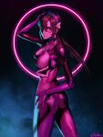  1girl arm_up artist_name blue_hairband bodysuit breasts breasts_apart brown_hair floating_hair from_behind green_eyes hairband hand_on_hip highres long_hair looking_at_viewer looking_back makinami_mari_illustrious medium_breasts neon_genesis_evangelion pink_bodysuit plugsuit shiny shiny_hair solo spung standing twisted_torso 