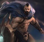  1boy abs bara bare_pectorals beard blue_cape cape facial_hair feet_out_of_frame highres holding holding_shield jang_ju_hyeon looking_at_viewer male_focus male_pubic_hair mature_male mohawk muscular muscular_male mustache navel navel_hair nipples original pantheon_(league_of_legends) pectorals pelvic_curtain pubic_hair revealing_clothes sand scar scar_on_chest shield short_hair solo spread_legs stomach thick_eyebrows thighs wind 