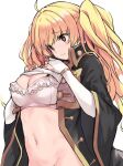  1girl ahoge bangs black_coat blonde_hair blush bra breasts bridal_gauntlets brown_eyes cleavage clothes_lift coat granblue_fantasy kztk large_breasts long_hair long_sleeves monika_weisswind navel open_clothes open_coat shirt shirt_lift solo twintails underwear wavy_hair white_bra white_shirt wide_sleeves 