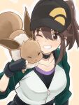  1girl baseball_cap breasts brown_hair choker eevee female_protagonist_(pokemon_go) fingerless_gloves gen_1_pokemon gloves hat long_hair one_eye_closed pokemon pokemon_(creature) pokemon_(game) pokemon_go ponytail smile yamaguchi_satoshi 