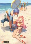  1boy 3girls bangs bare_legs beach bent_over bikini black_choker black_shorts blonde_hair blue_bikini blue_footwear blue_hair blue_sky blunt_bangs braid breasts brown_eyes buried choker cleavage commentary crown_braid day detached_sleeves english_commentary eyewear_on_head fire_emblem fire_emblem:_three_houses fire_emblem_heroes frilled_bikini frills full_body glint green_bikini green_little halterneck hand_on_hip hand_on_own_knee high_heels hilda_valentine_goneril holding holding_shell holding_umbrella holding_weapon ingrid_brandl_galatea long_hair marianne_von_edmund medium_breasts medium_hair multiple_girls navel ocean official_alternate_costume open_mouth outdoors parasol patreon_logo patreon_username pink_bikini pink_eyes pink_hair polearm red_footwear sandals sarong seashell see-through_sleeves shadow shell shorts sidelocks sky smile spear standing stomach sunglasses swimsuit sylvain_jose_gautier thighs top-down_bottom-up twintails umbrella watermark weapon web_address 