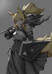  animal_ears arknights armor headphones kitsune kkusag nearl_(arknights) skirt_lift tail weapon 