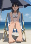  1girl :d barefoot beach beach_umbrella bikini black_hair blurry blurry_background chair closed_eyes day feet folding_chair long_hair mattaku_mousuke ocean open_mouth original outdoors shade sitting smile solo sweat swimsuit tan tanlines toes umbrella water watermark wet white_bikini 