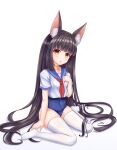  1girl :o alternate_costume animal_ear_fluff animal_ears azur_lane black_hair blue_sailor_collar blue_swimsuit collarbone collared_shirt eyebrows_visible_through_hair fox_ears full_body highres hime_cut koiaya201352 long_hair looking_at_viewer nagato_(azur_lane) old_school_swimsuit one-piece_swimsuit red_neckwear sailor_collar sailor_shirt school_swimsuit school_uniform serafuku shadow shirt short_sleeves simple_background sitting solo swimsuit swimsuit_under_clothes thighhighs very_long_hair wariza white_background white_legwear yellow_eyes 