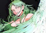  1girl ahoge black_background breasts cleavage commentary english_commentary feathered_wings feathers glitch gradient gradient_wings green_feathers green_hair green_tank_top green_wings harpy long_hair medium_breasts monet_(one_piece) monster_girl multicolored multicolored_wings mygiorni one_piece parted_lips simple_background solo tank_top twitter_username white_feathers white_wings winged_arms wings yellow_eyes 