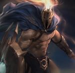  1boy abs bara bare_pectorals beard blue_cape cape facial_hair feet_out_of_frame fire_helmet helmet highres holding holding_shield jang_ju_hyeon looking_at_viewer male_focus male_pubic_hair mature_male muscular muscular_male mustache navel navel_hair nipples original pantheon_(league_of_legends) pectorals pelvic_curtain pubic_hair revealing_clothes sand scar scar_on_chest shield short_hair solo spread_legs stomach thick_eyebrows thighs wind 