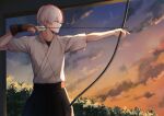  1boy arrow_(projectile) bangs boku_no_hero_academia bow_(weapon) cloud commentary_request drawing_bow hakama highres holding holding_bow_(weapon) holding_weapon japanese_clothes looking_to_the_side male_focus multicolored_hair noizu_(noi_hr) outdoors outstretched_arm profile red_hair shirt short_hair short_sleeves sky solo sunset todoroki_shouto weapon white_hair 